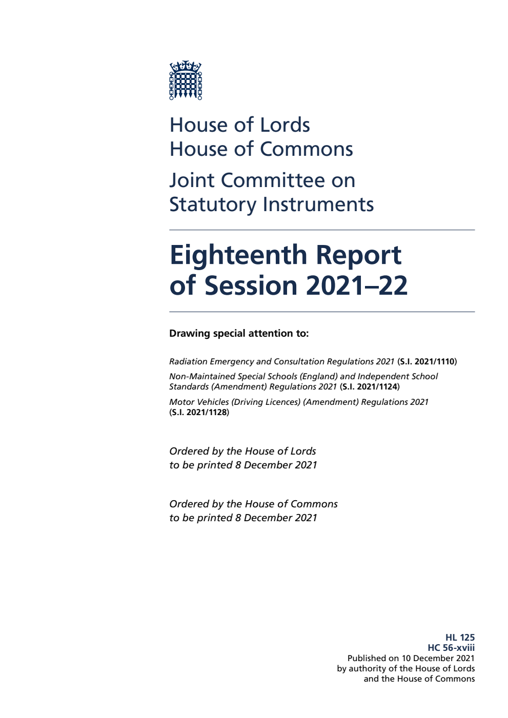 Joint Committee on Statutory Instruments 18th Report of Session 2021-22