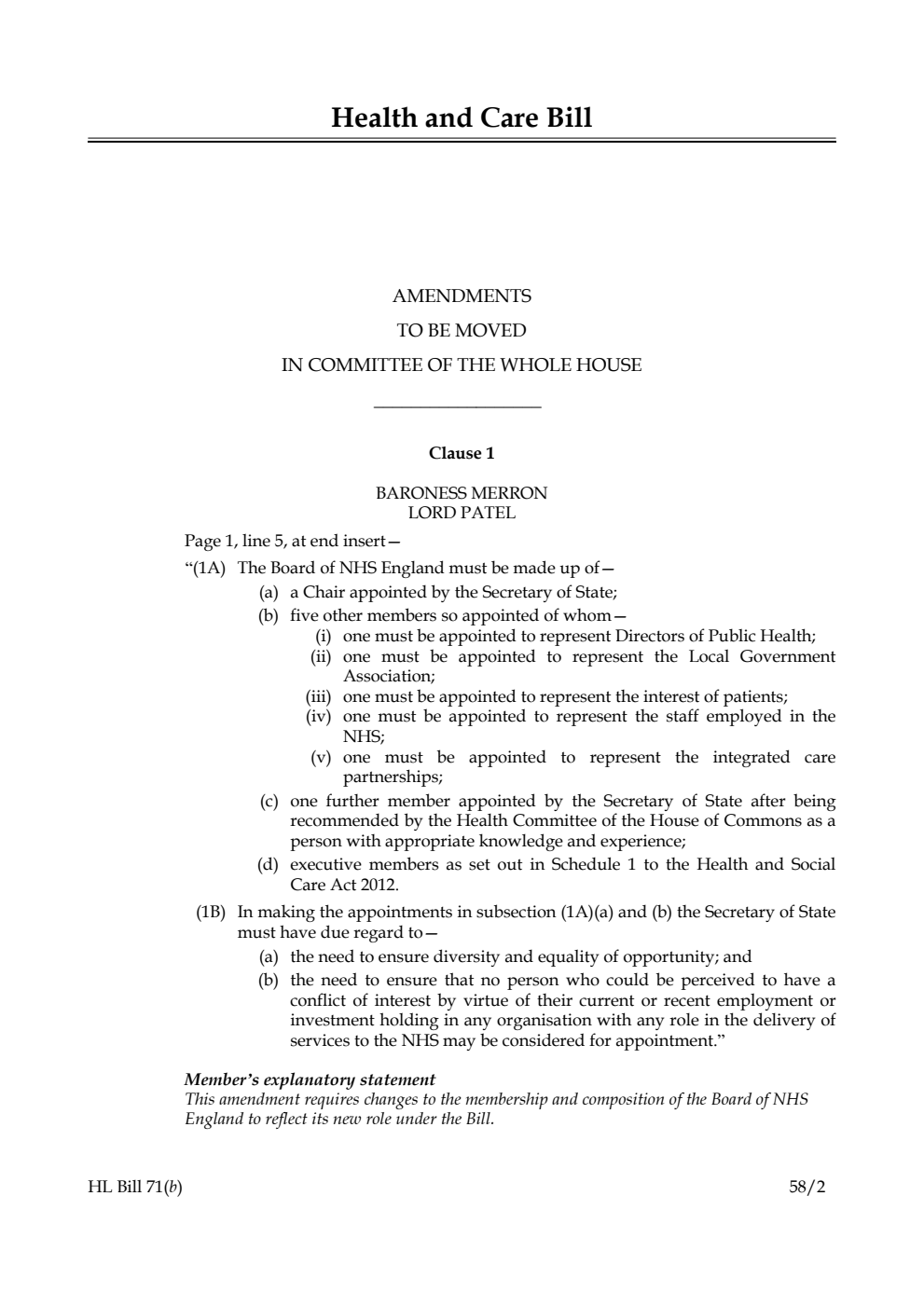 Health and Care Bill Amendments to be moved in Committee of the Whole House