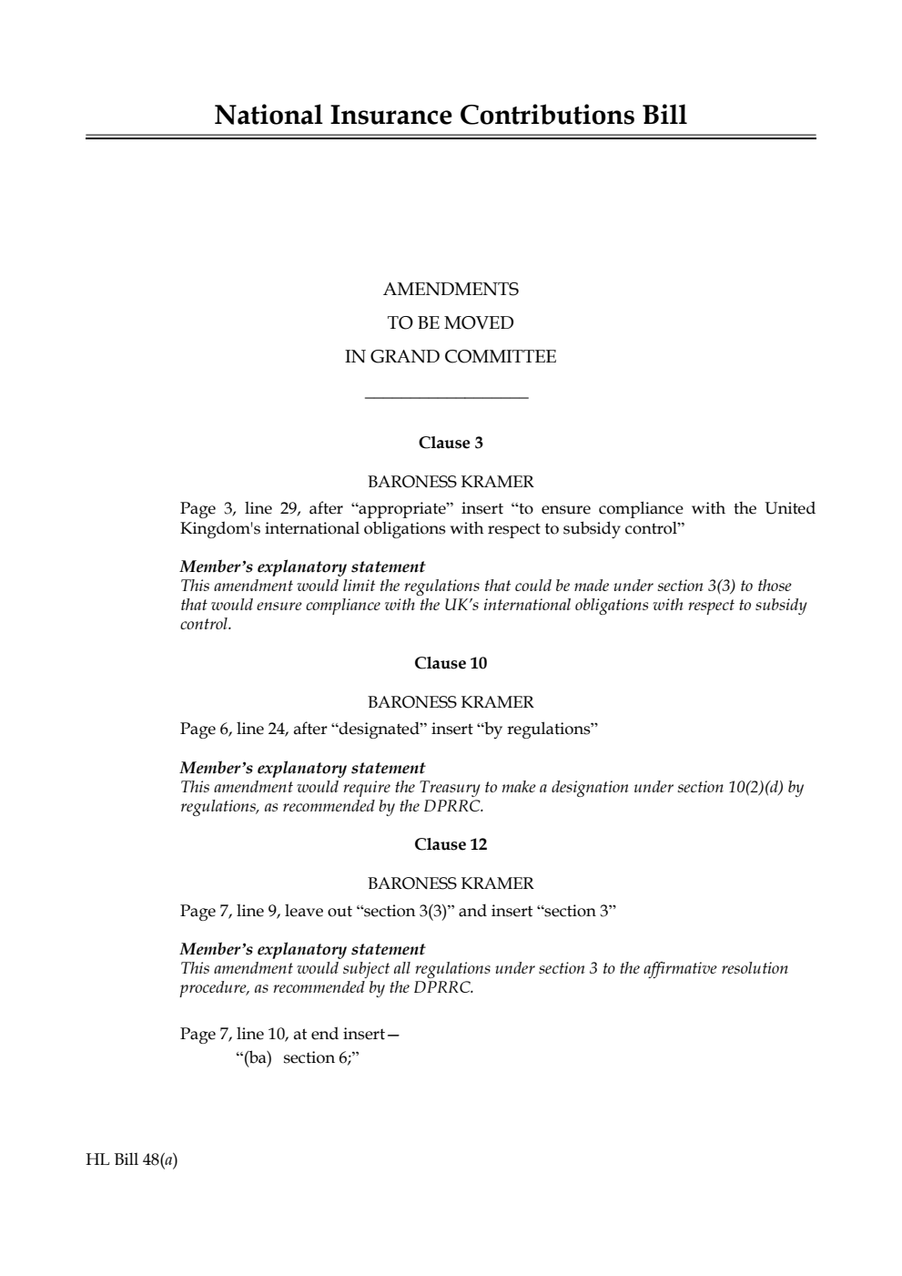 National Insurance Contributions Bill Amendments to be moved in Grand Committee