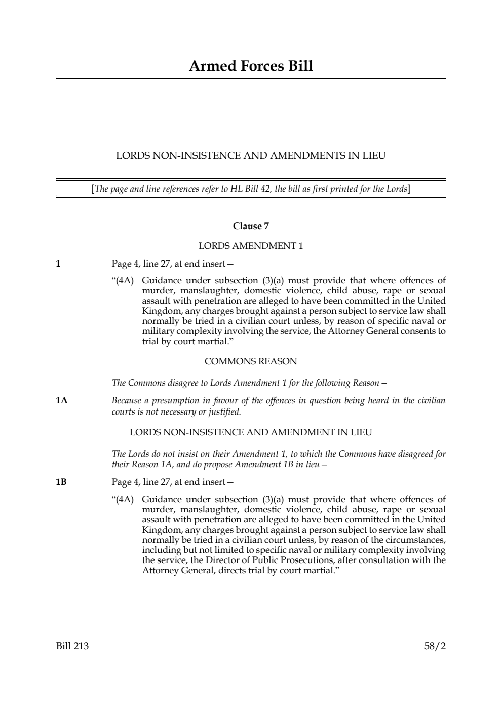 Armed Forces Bill Lords non-insistence and amendments in lieu