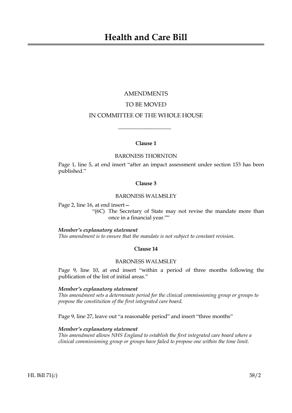 Health and Care Bill Amendments to be moved in Committee of the Whole House