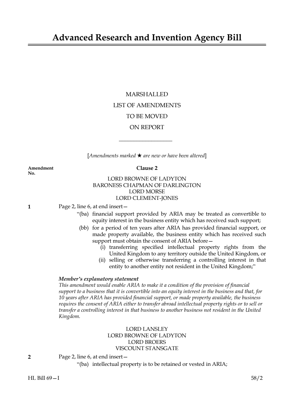 Advanced Research and Invention Agency Bill Marshalled List of Amendments to be moved on report