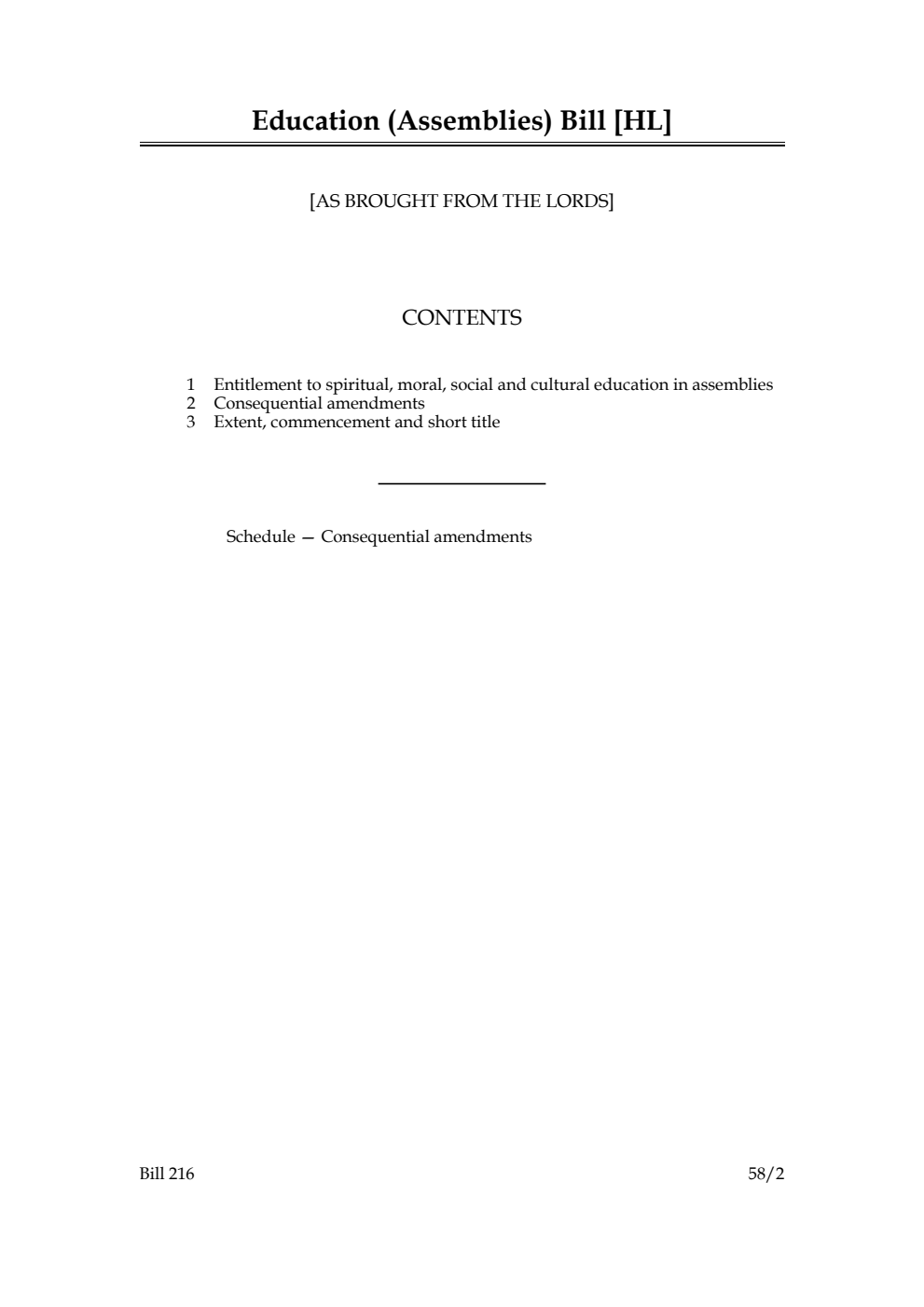 Education (Assemblies) Bill [as brought from the Lords]