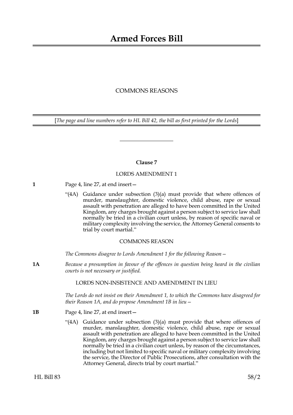 Armed Forces Bill Commons reasons