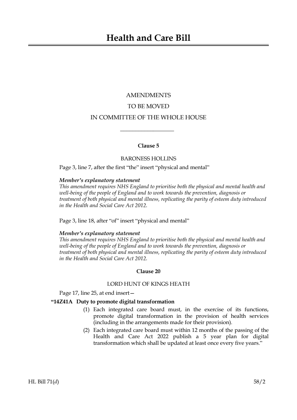 Health and Care Bill Amendments to be moved in Committee of the Whole House