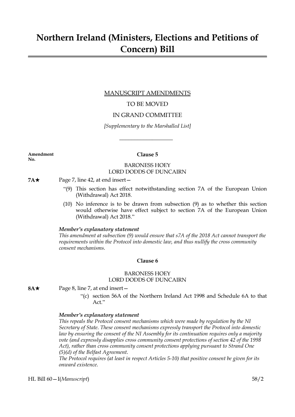Northern Ireland (Ministers, Elections and Petitions of Concern) Bill Manuscript Amendments to be moved in Grand Committee [Supplementary to the Marshalled List]