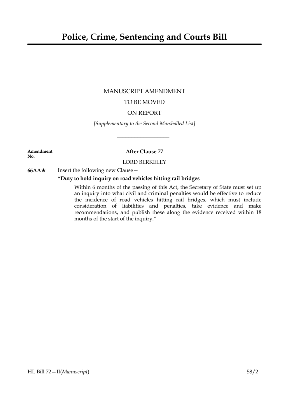Police, Crime, Sentencing and Courts Bill Manuscript Amendment to be moved on report [Supplementary to the Second Marshalled List]