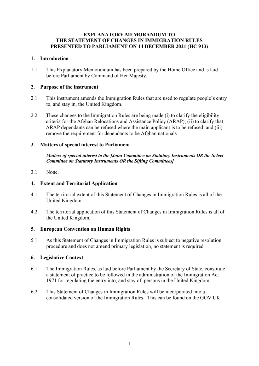 Explanatory Memorandum to the Statement of Changes in Immigration Rules