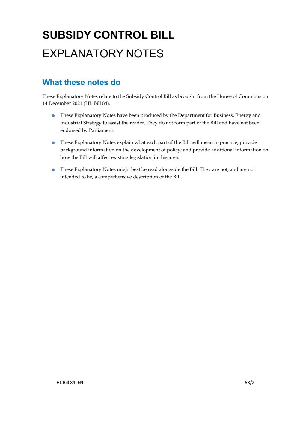 Subsidy Control Bill Explanatory Notes