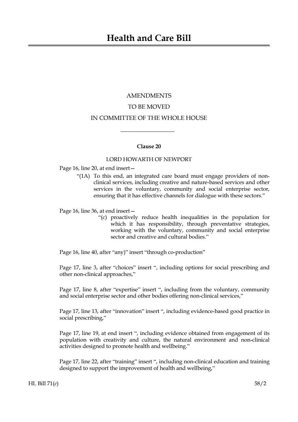 Health and Care Bill Amendments to be moved in Committee of the Whole House