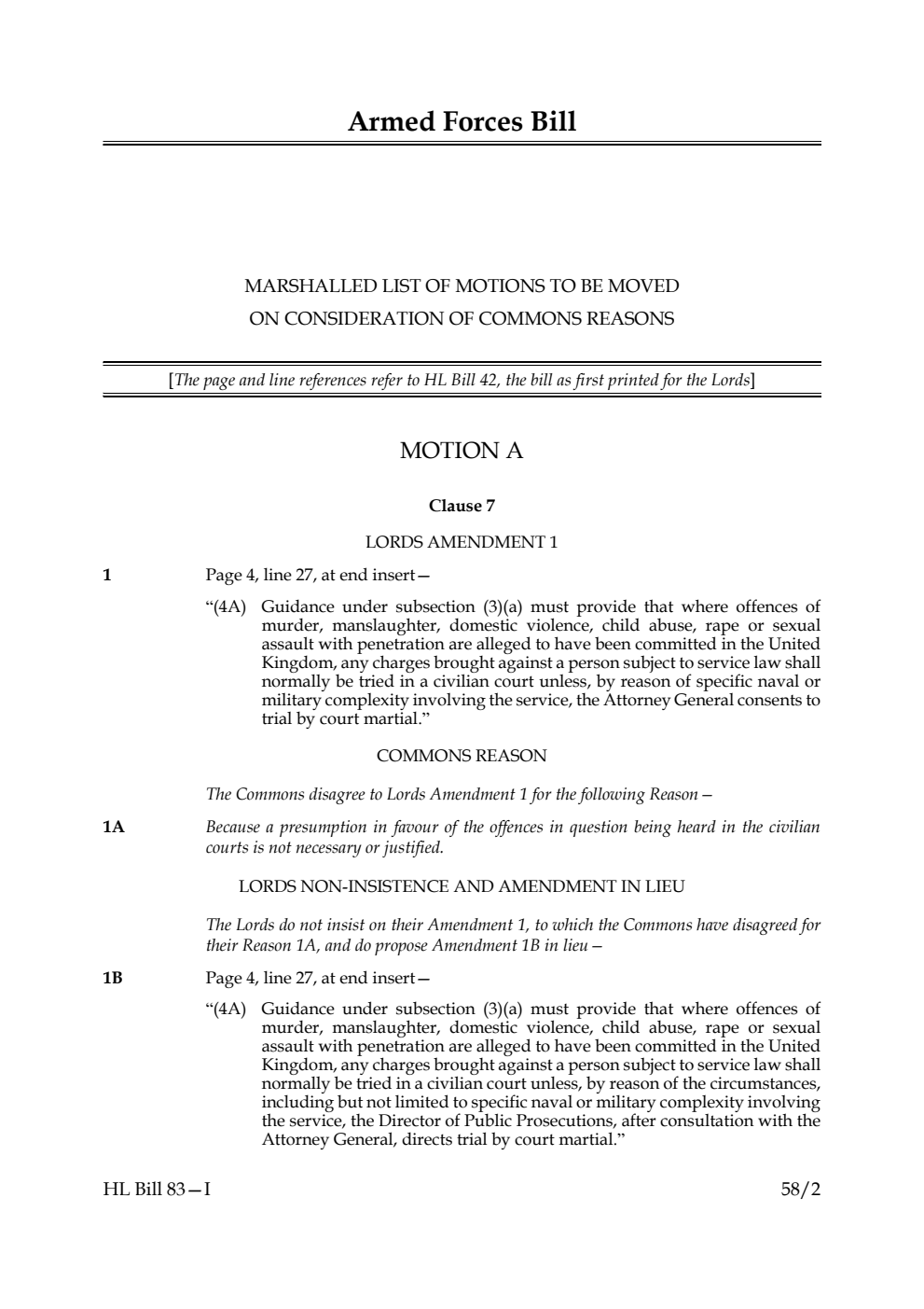 Armed Forces Bill Marshalled List of motions to be moved on Consideration of Commons reasons