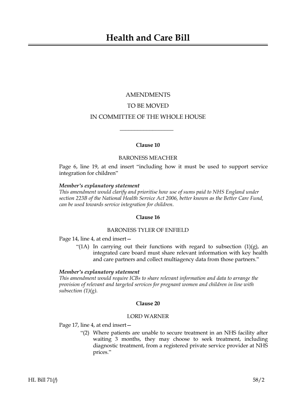 Health and Care Bill Amendments to be moved in Committee of the Whole House