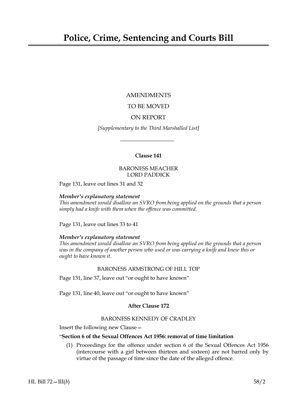 Police, Crime, Sentencing and Courts Bill Amendments to be moved on Report [Supplementary to the Third Marshalled List]