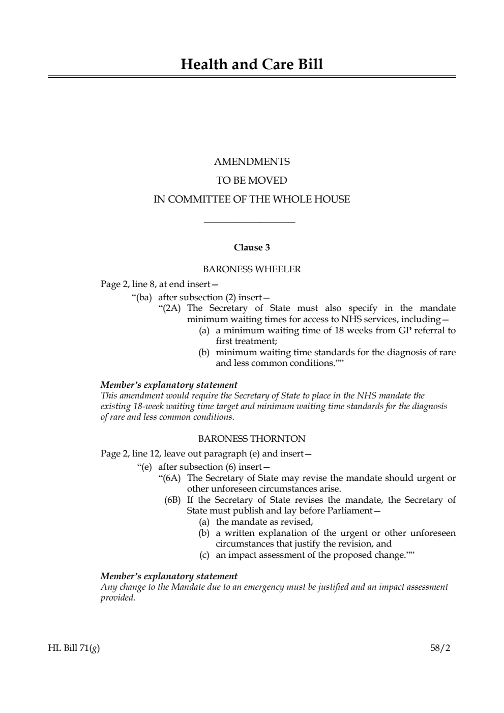 Health and Care Bill Amendments to be moved in Committee of the Whole House