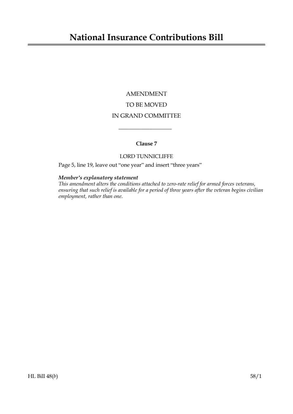 National Insurance Contributions Bill Amendment to be moved in Grand Committee