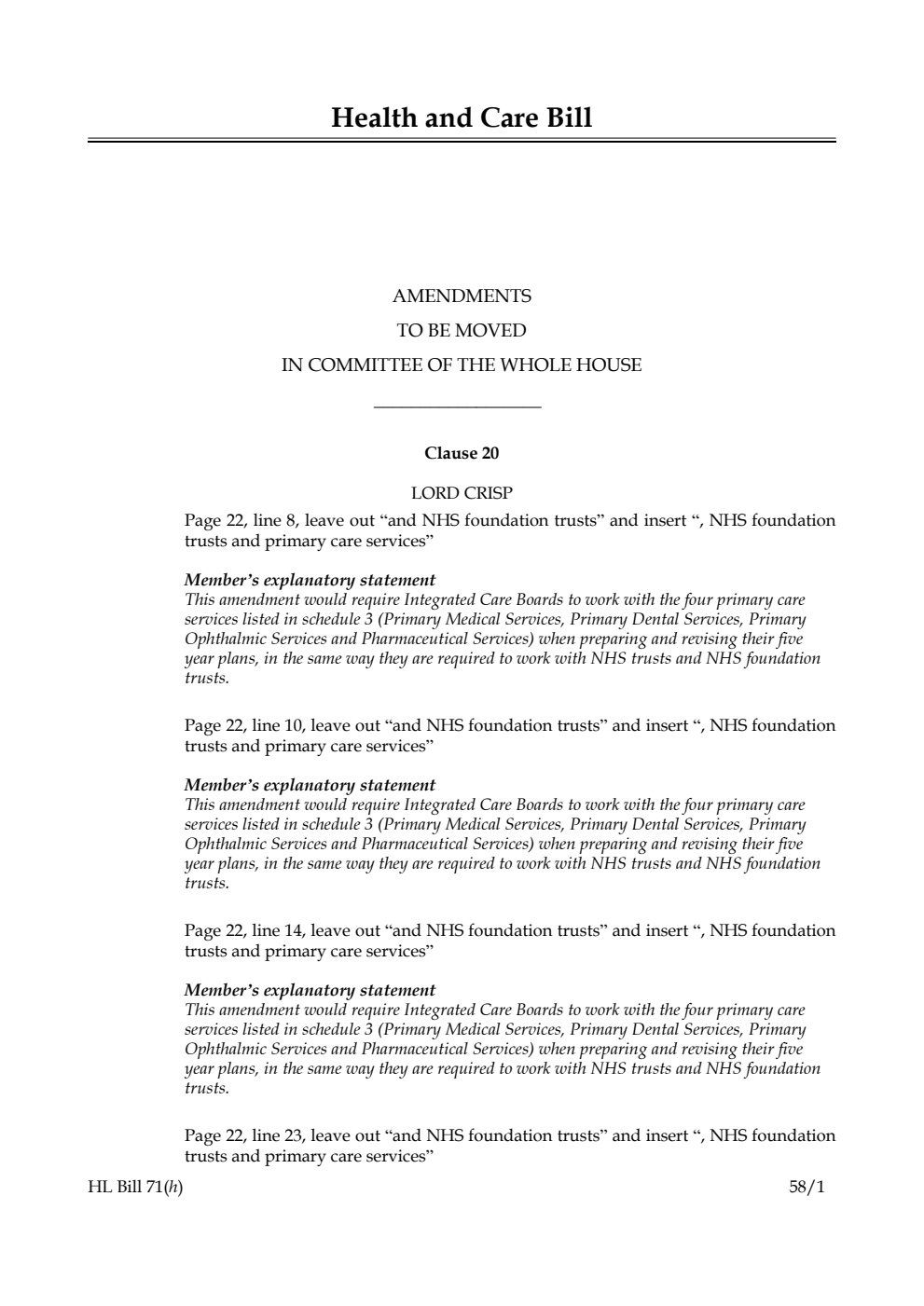 Health and Care Bill Amendments to be moved in Committee of the Whole House