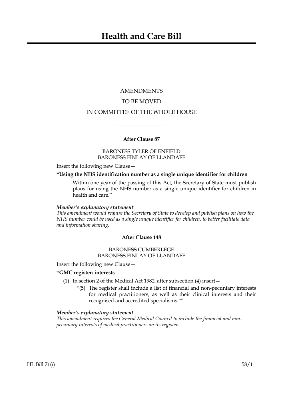 Health and Care Bill Amendments to be moved in Committee of the Whole House