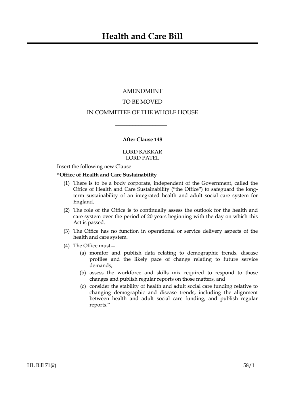 Health and Care Bill Amendment to be moved in Committee of the Whole House