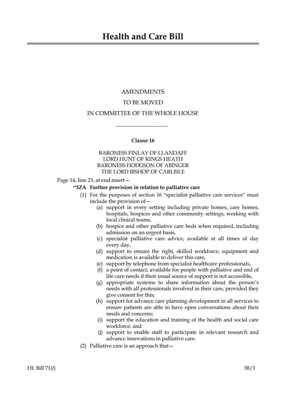 Health and Care Bill Amendments to be moved in Committee of the Whole House