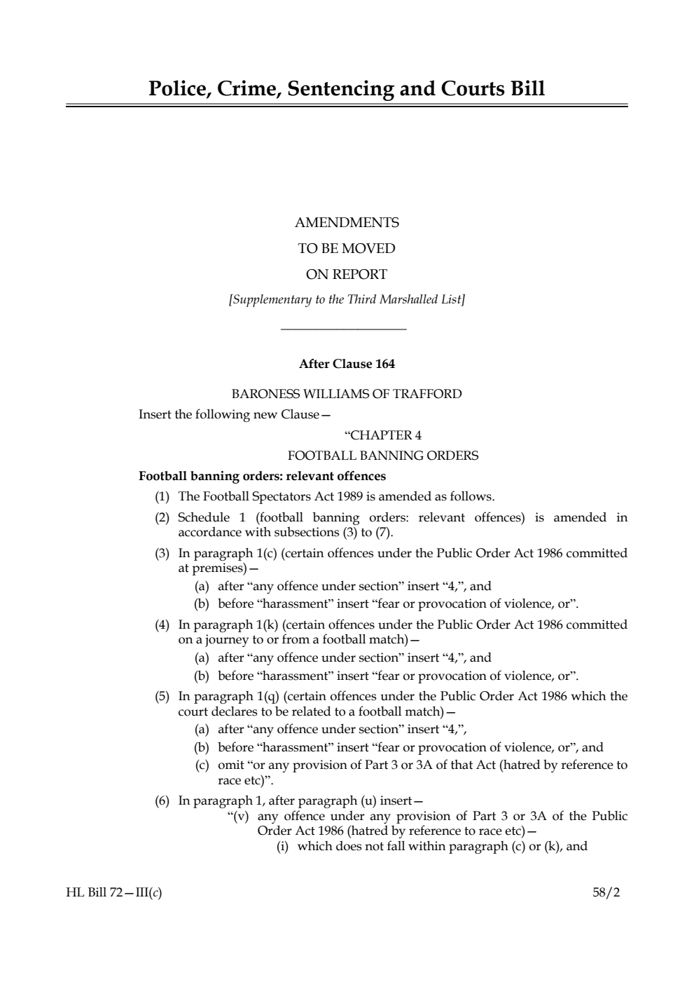 Police, Crime, Sentencing and Courts Bill Amendments to be moved on Report [Supplementary to the Third Marshalled List]