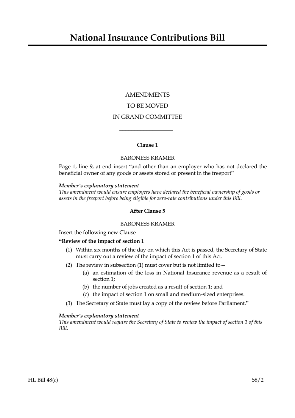 National Insurance Contributions Bill Amendments to be moved in Grand Committee