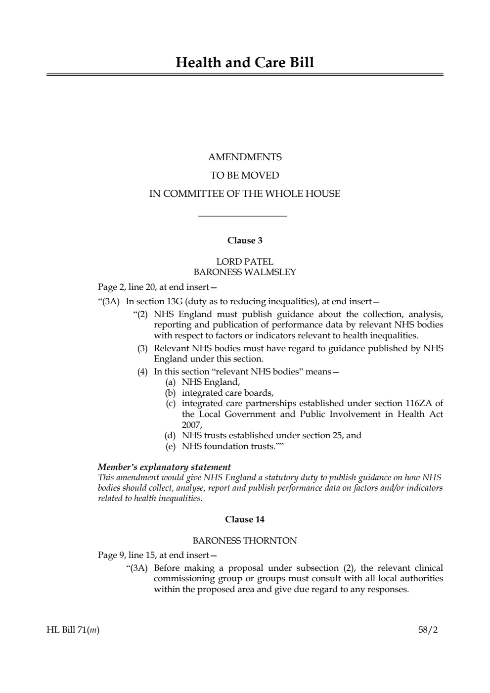 Health and Care Bill Amendments to be moved in Committee of the Whole House
