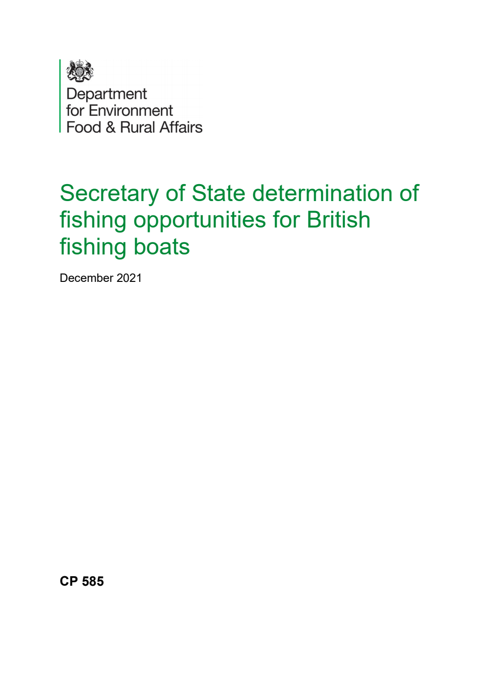 Secretary of State determination of fishing opportunities for British fishing boats. December 2021