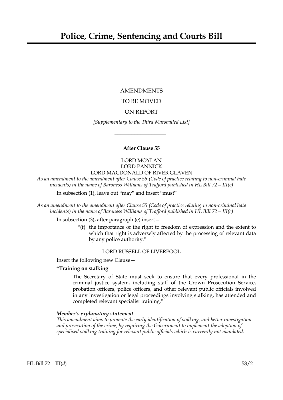 Police, Crime, Sentencing and Courts Bill Amendments to be moved on Report [Supplementary to the Third Marshalled List]