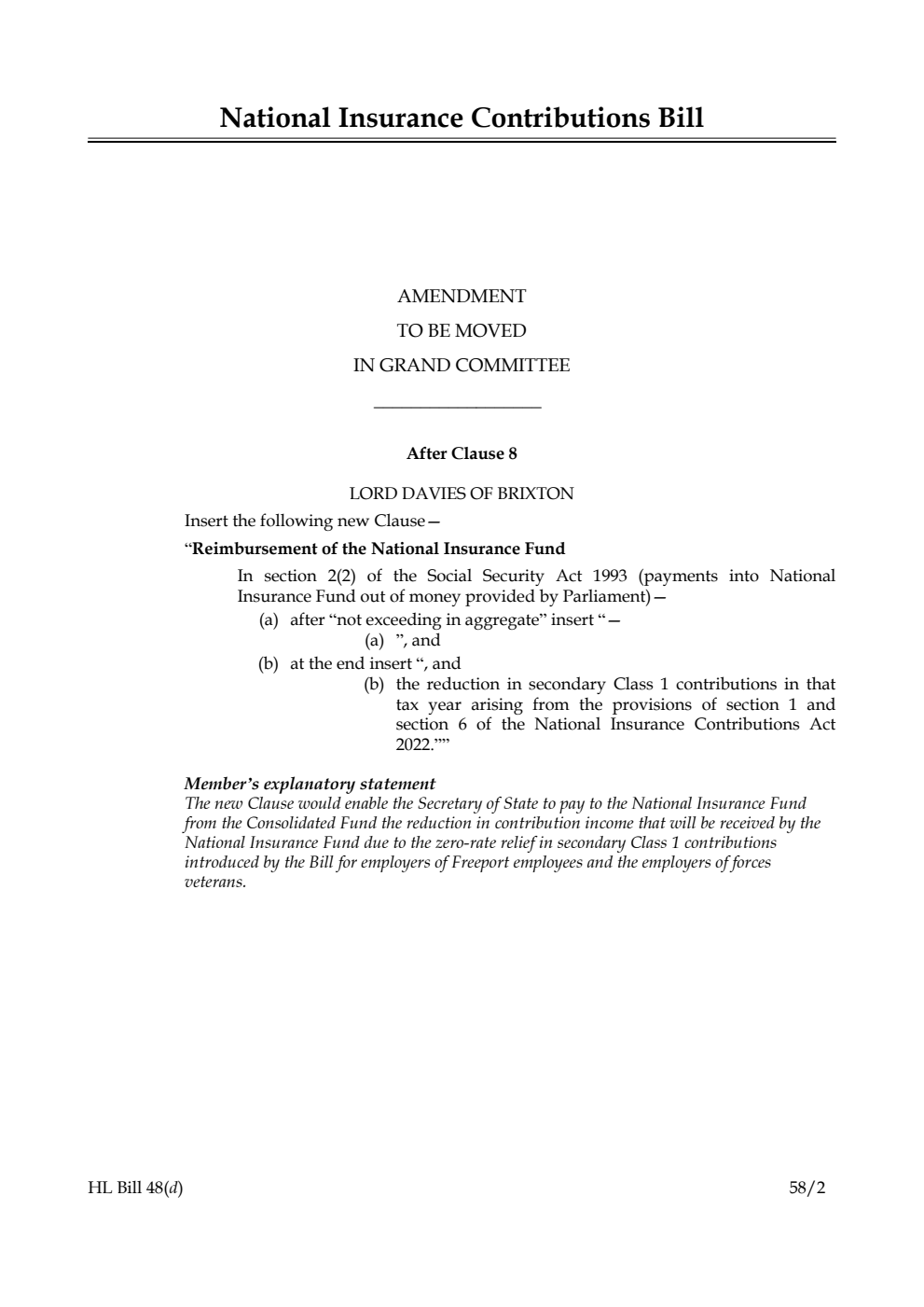 National Insurance Contributions Bill Amendment to be moved in Grand Committee