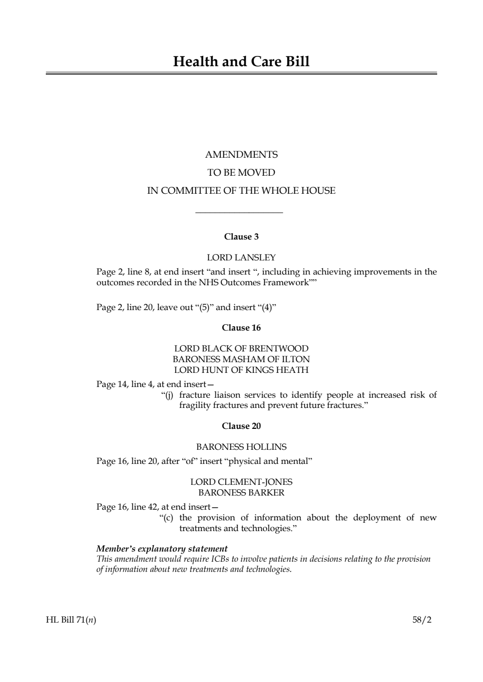 Health and Care Bill Amendments to be moved in Committee of the Whole House