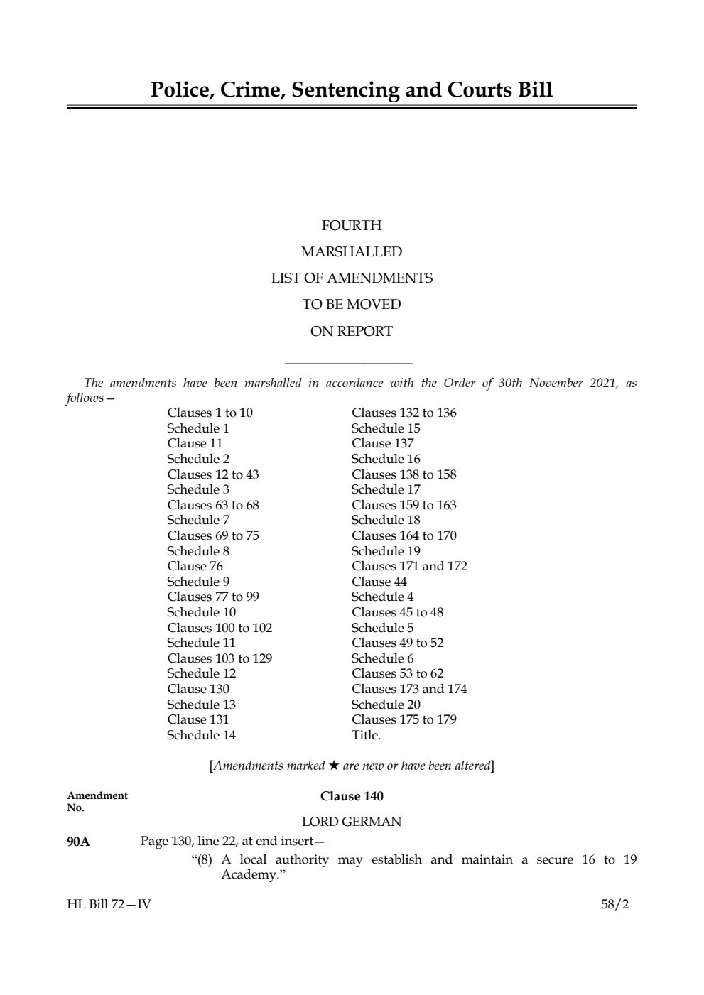 Police, Crime, Sentencing and Courts Bill Fourth Marshalled List of Amendments to be moved on report