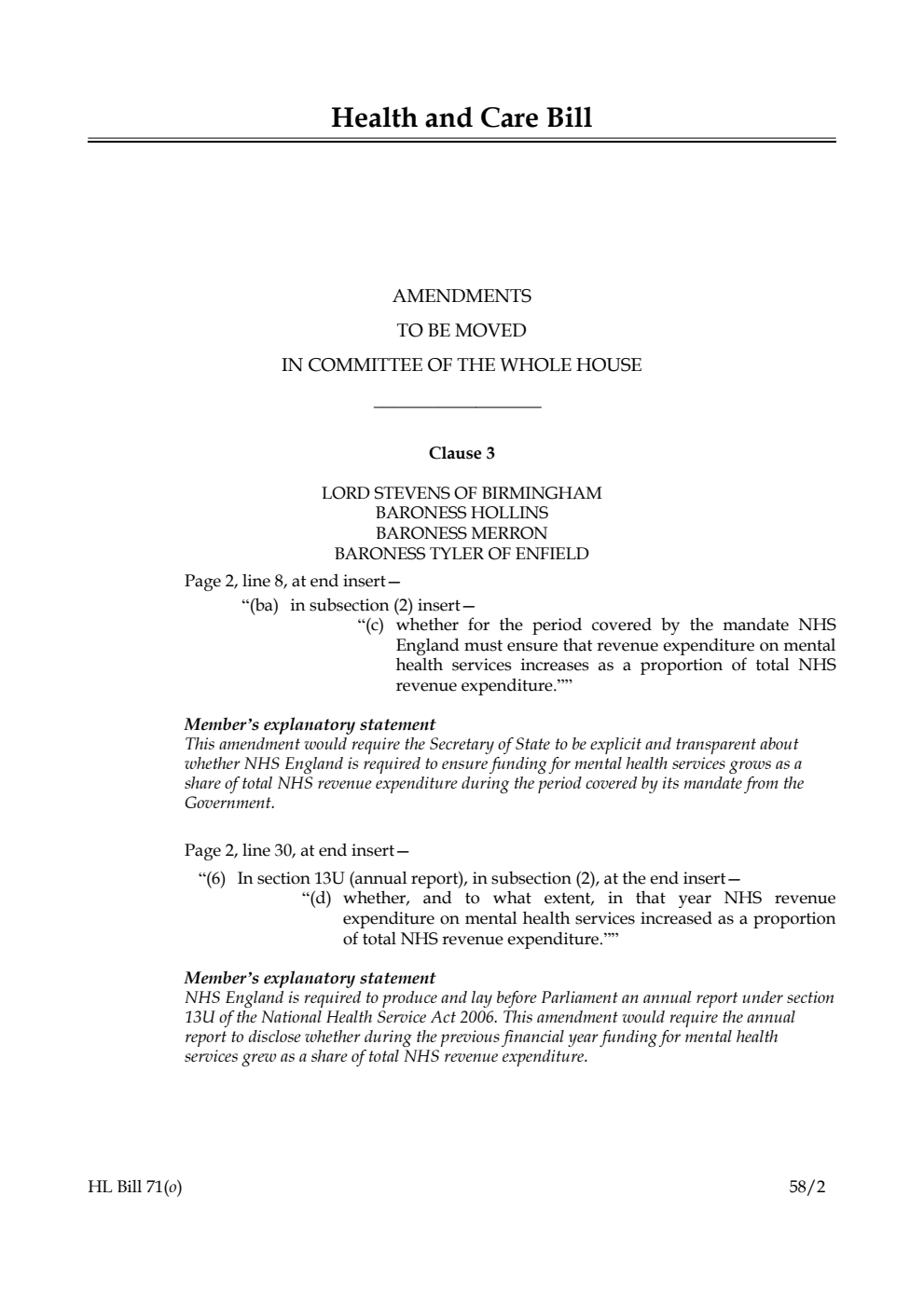 Health and Care Bill Amendments to be moved in Committee of the Whole House