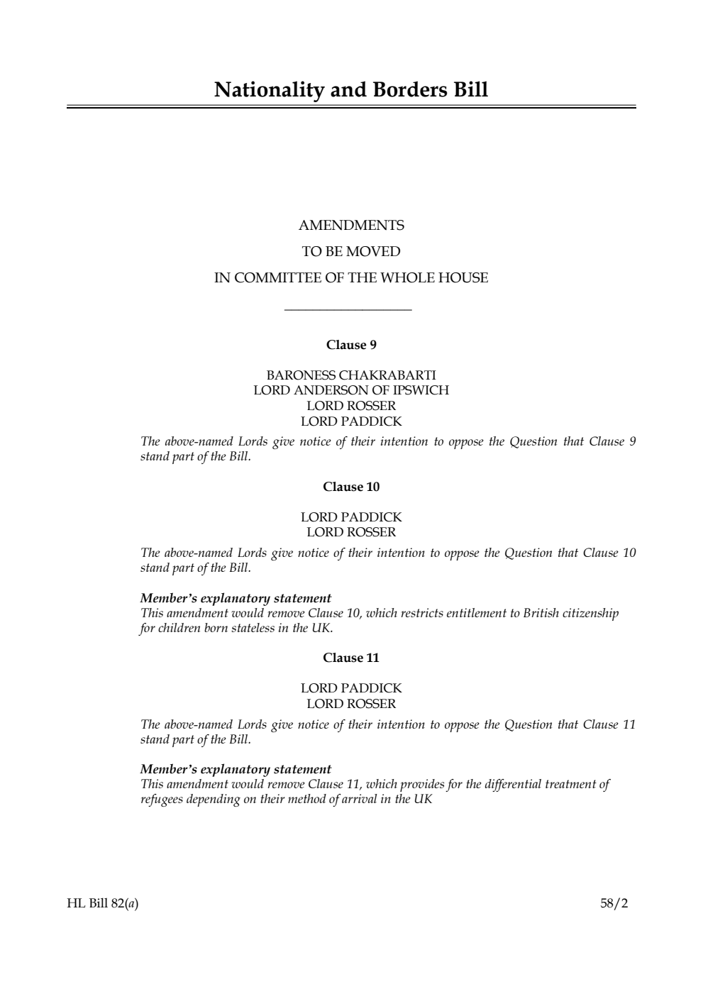 Nationality and Borders Bill Amendments to be moved in Committee of the Whole House