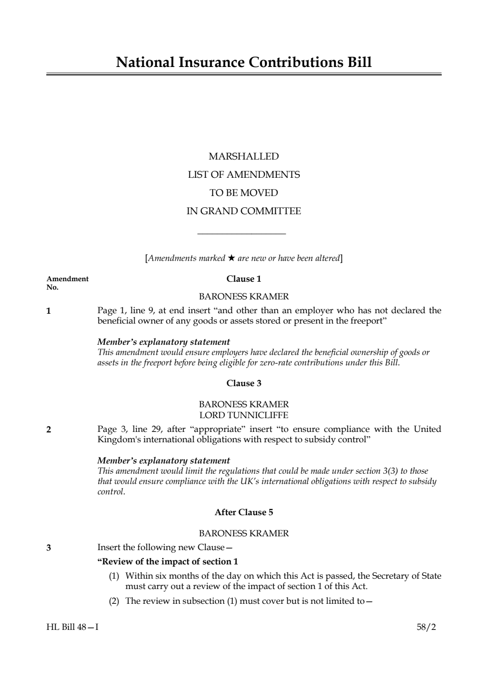 National Insurance Contributions Bill Marshalled List of Amendments to be moved in Grand Committee