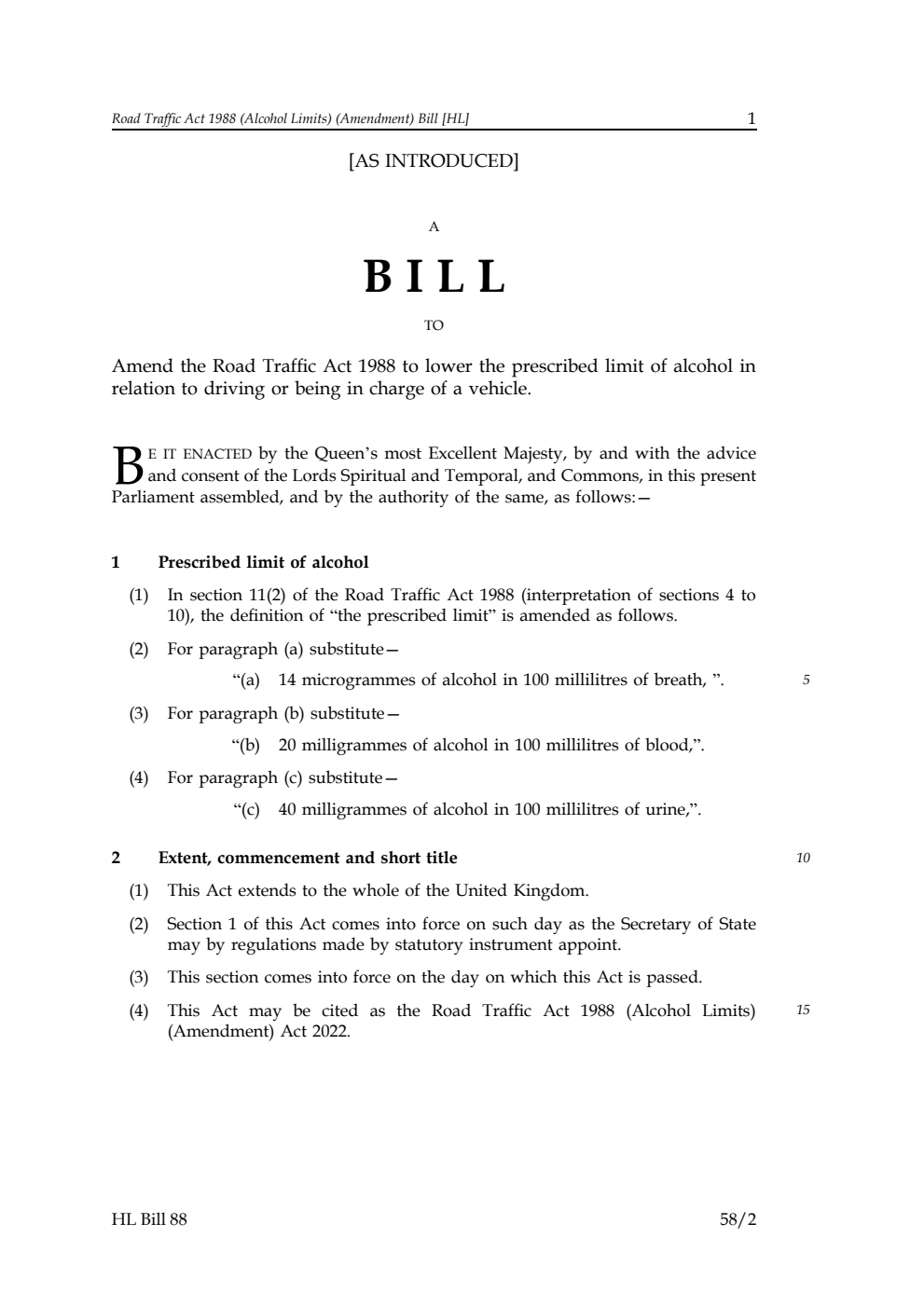 Road Traffic Act 1988 (Alcohol Limits) (Amendment) Bill