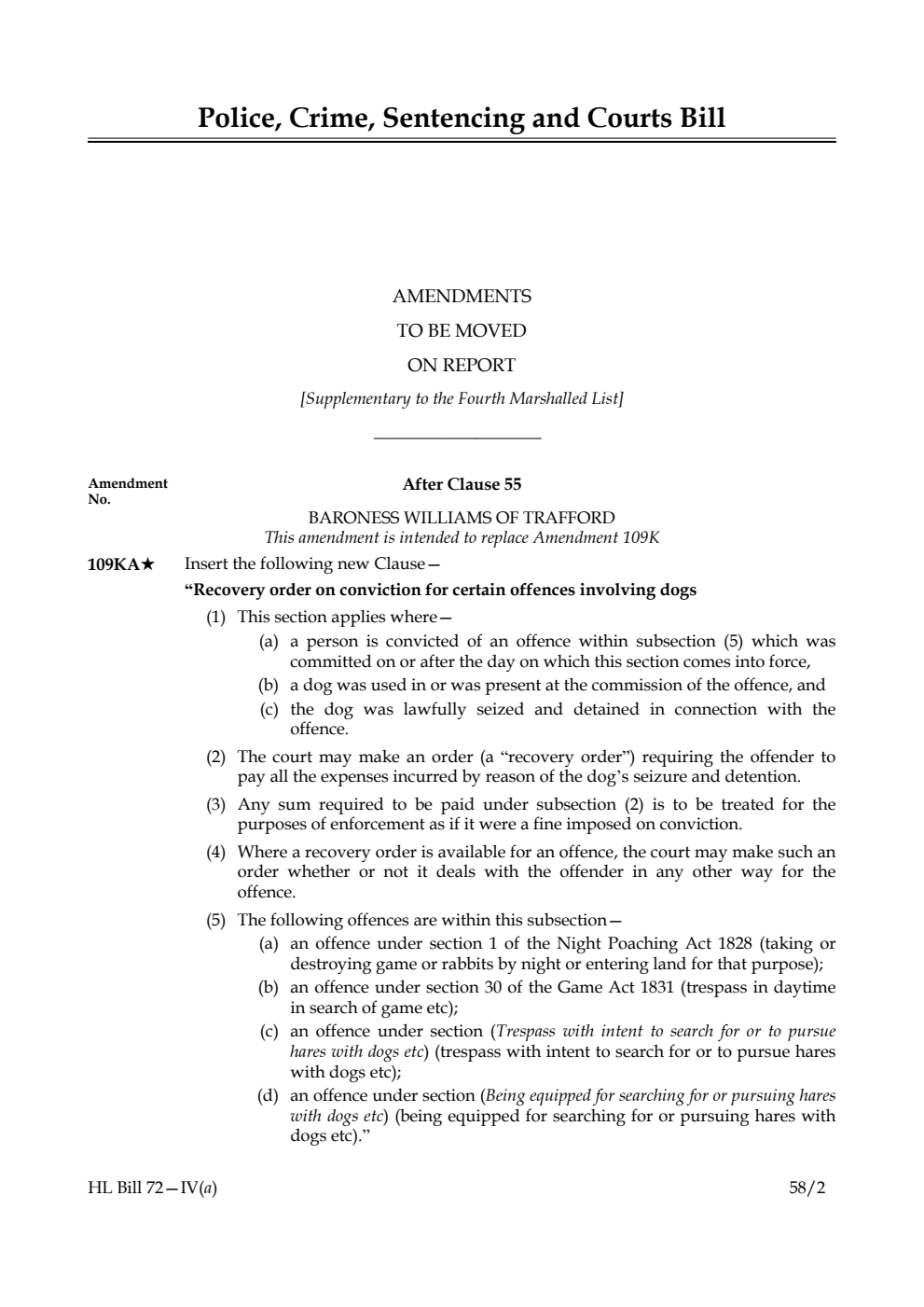 Police, Crime, Sentencing and Courts Bill Amendments to be moved on Report [Supplementary to the Fourth Marshalled List]