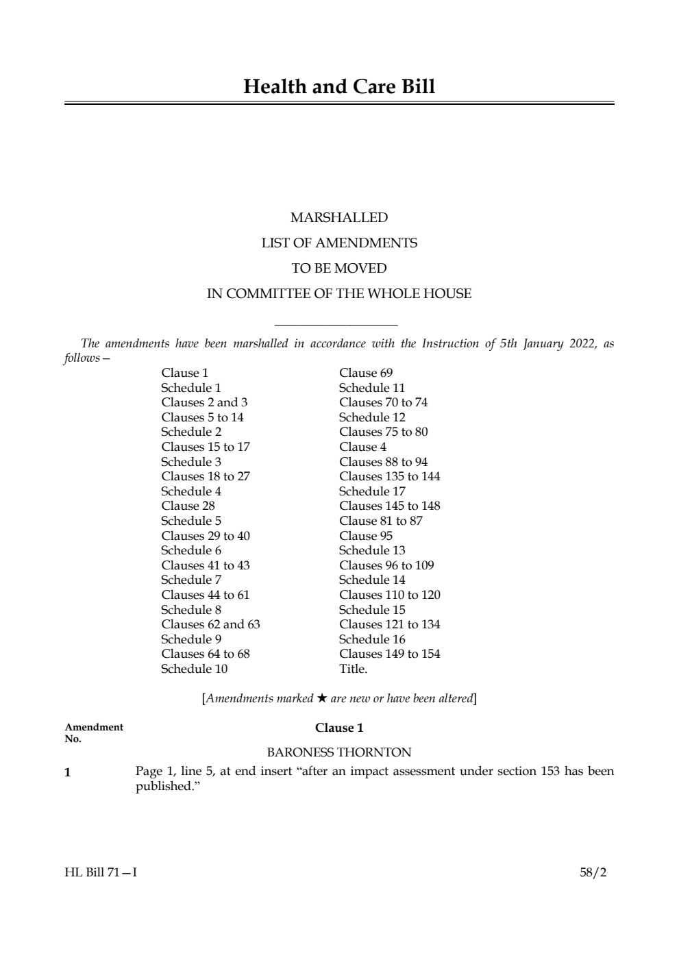 Health and Care Bill Marshalled List of Amendments to be moved in Committee of the Whole House