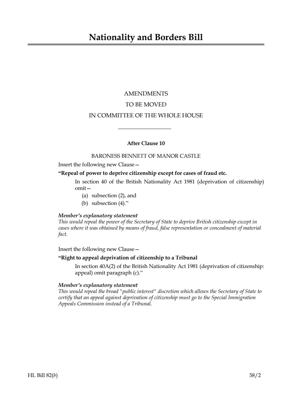 Nationality and Borders Bill Amendments to be moved in Committee of the Whole House