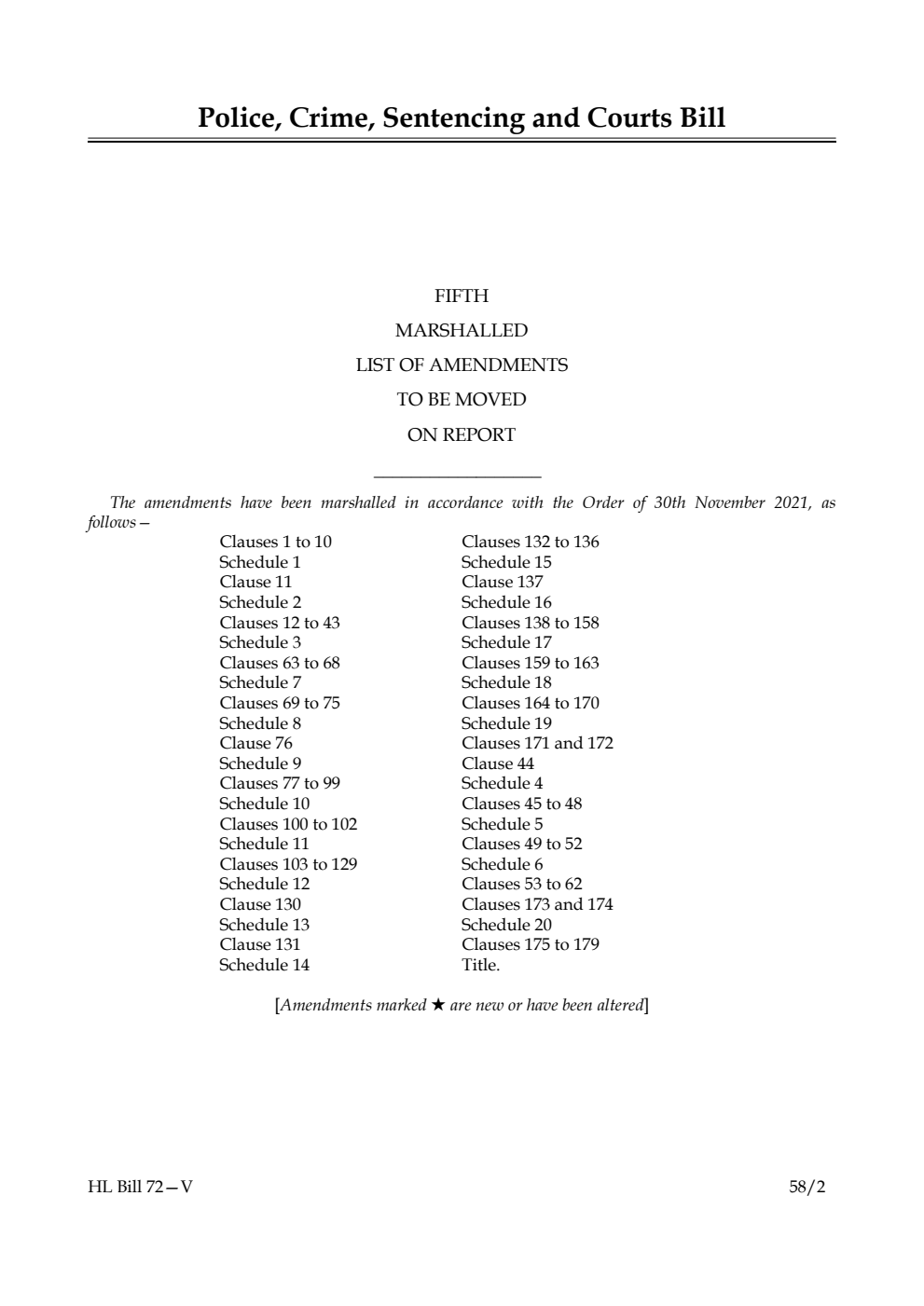 Police, Crime, Sentencing and Courts Bill Fifth Marshalled List of Amendments to be moved on report
