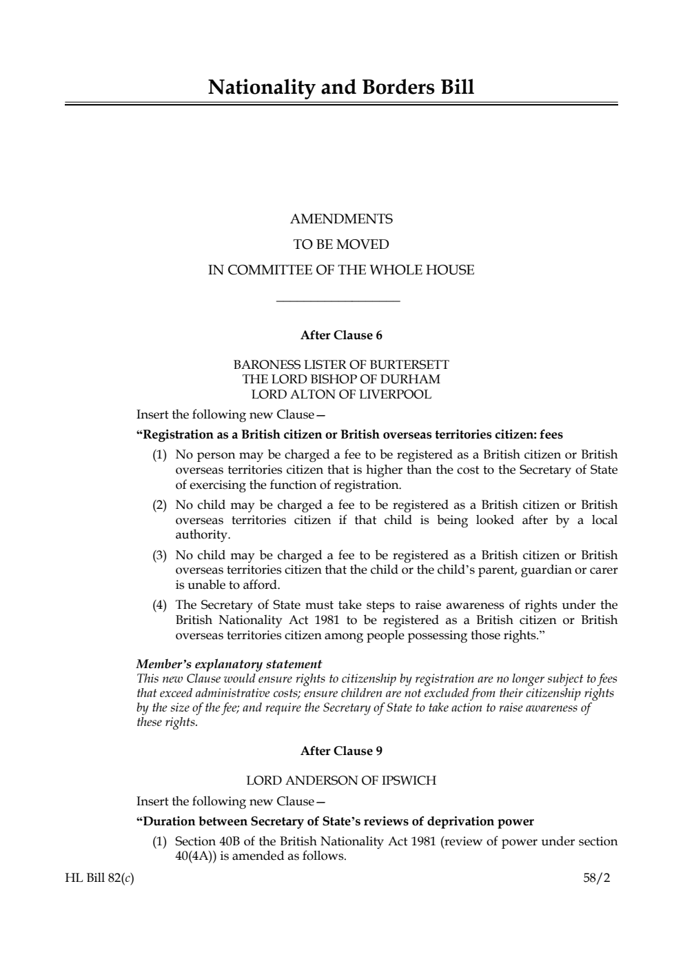 Nationality and Borders Bill Amendments to be moved in Committee of the Whole House