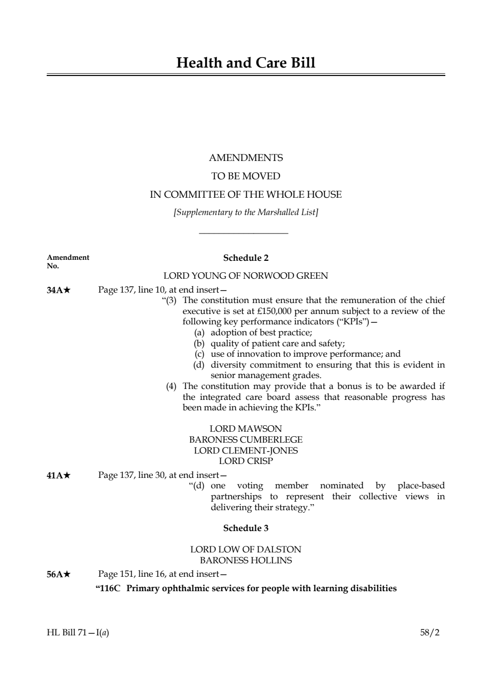 Health and Care Bill Amendments to be moved in Committee of the Whole House [Supplementary to the Marshalled List]