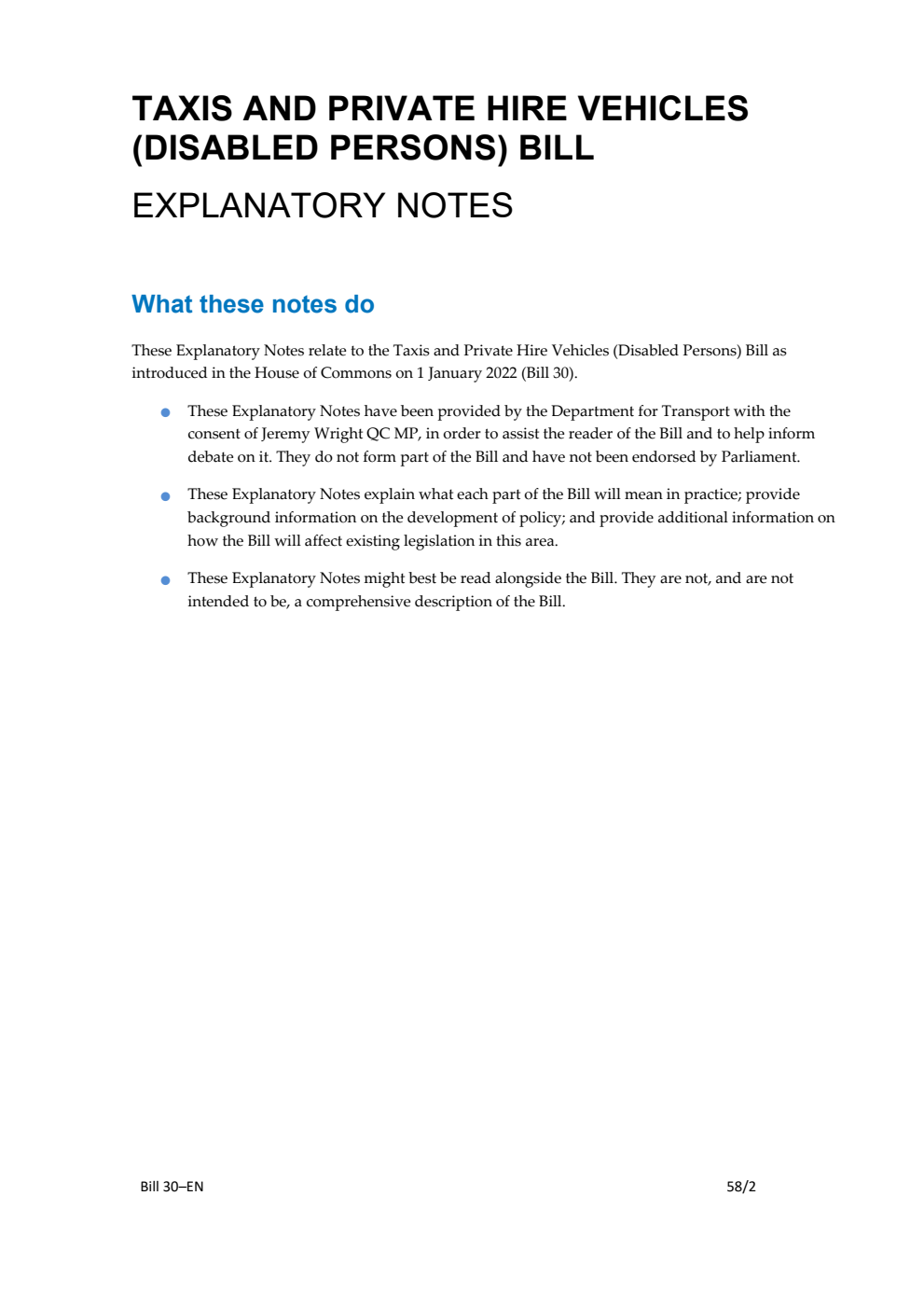 Taxis and Private Hire Vehicles (Disabled Persons) Bill Explanatory Notes