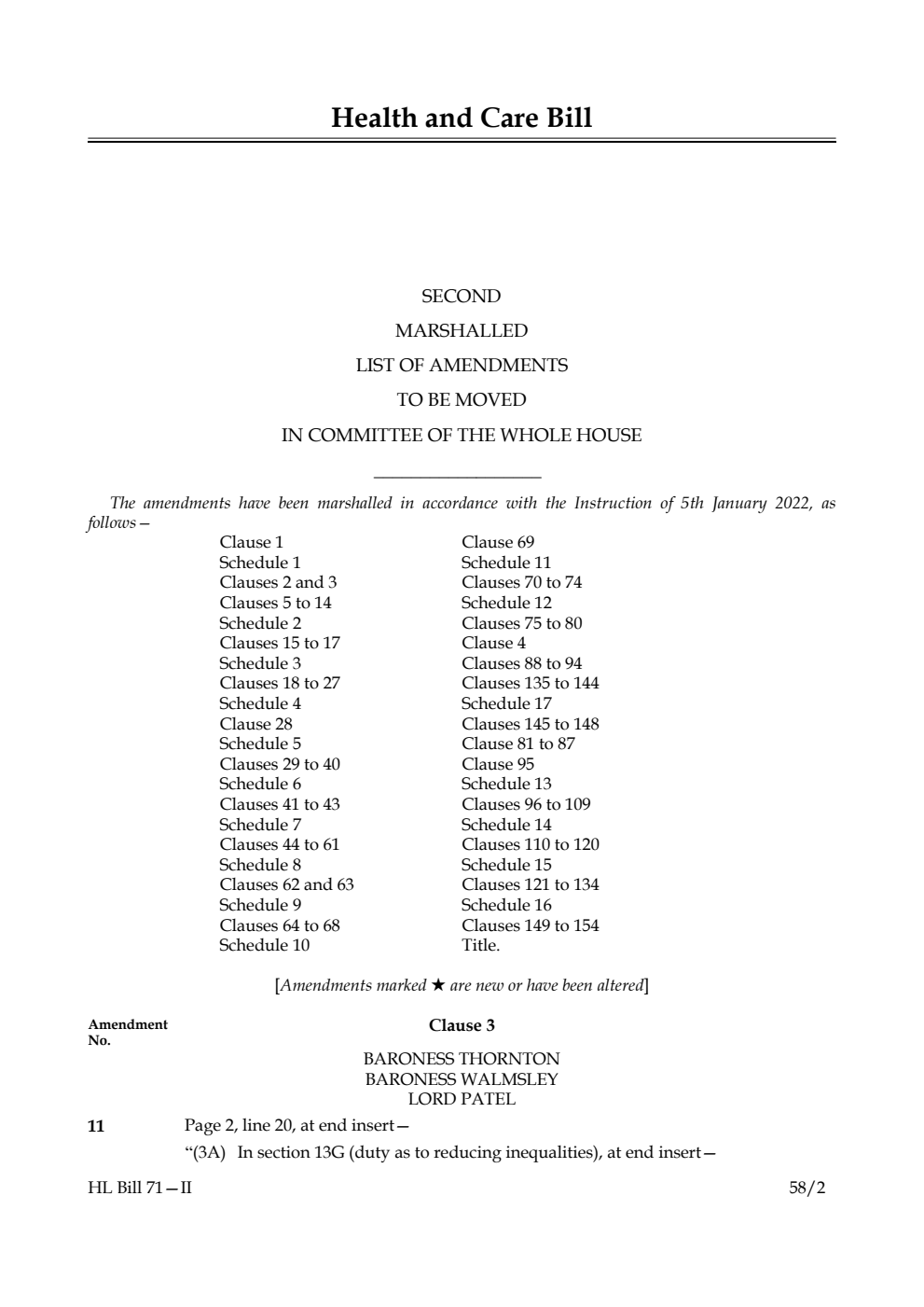 Health and Care Bill Second Marshalled List of Amendments to be moved in Committee of the Whole House