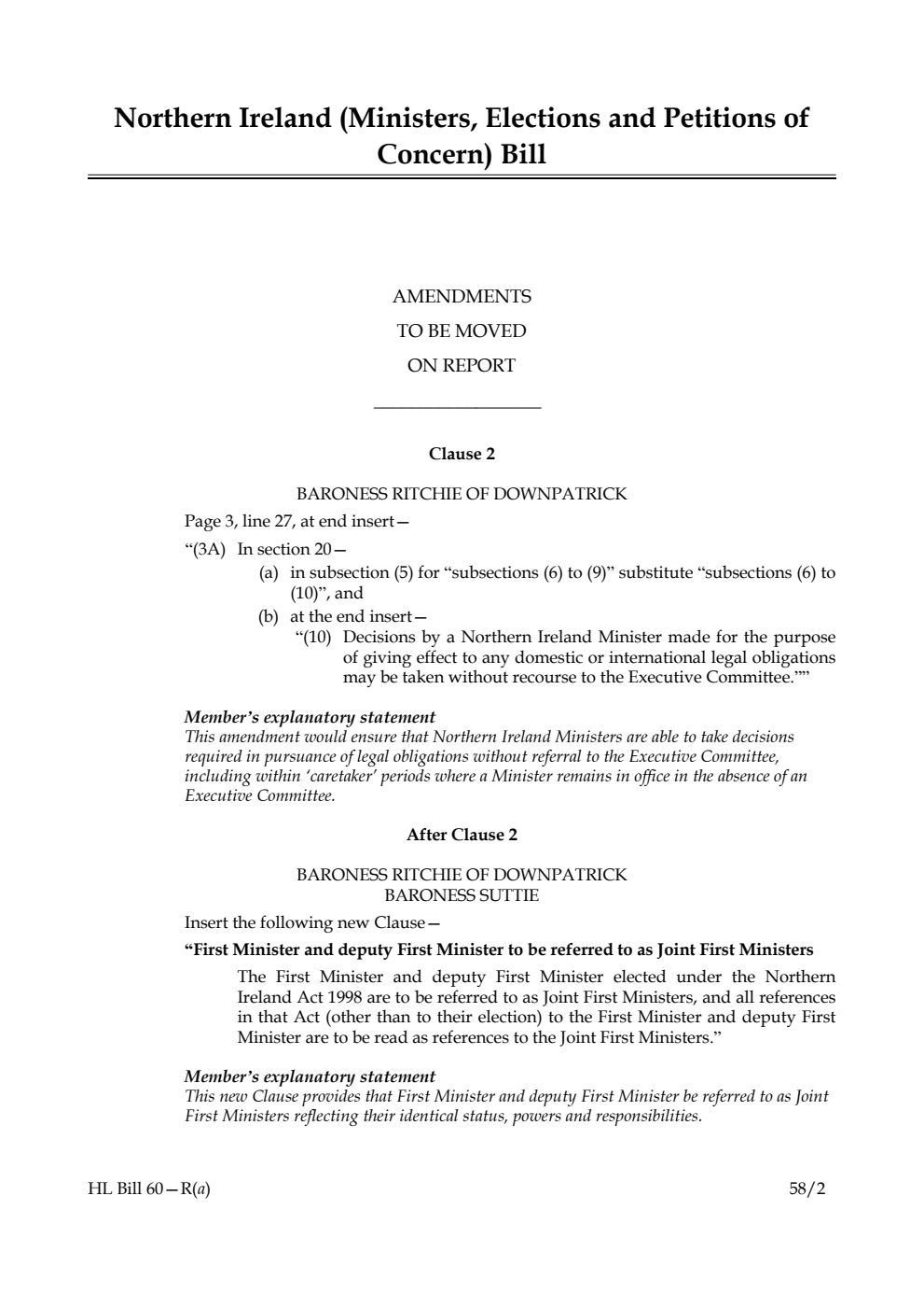 Northern Ireland (Ministers, Elections and Petitions of Concern) Bill Amendments to be moved on Report
