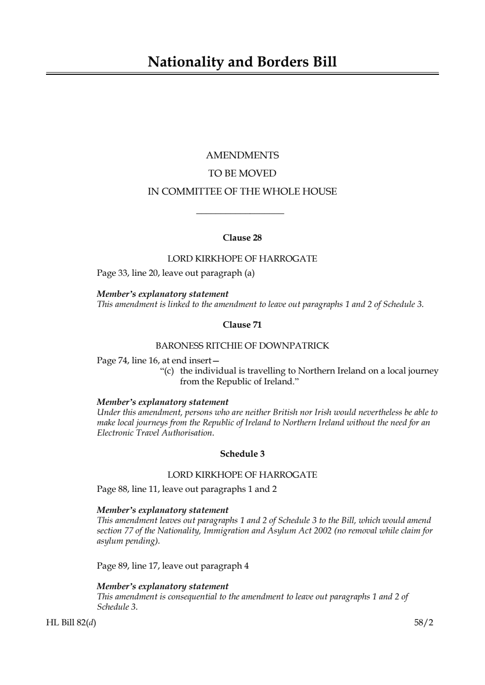 Nationality and Borders Bill Amendments to be moved in Committee of the Whole House