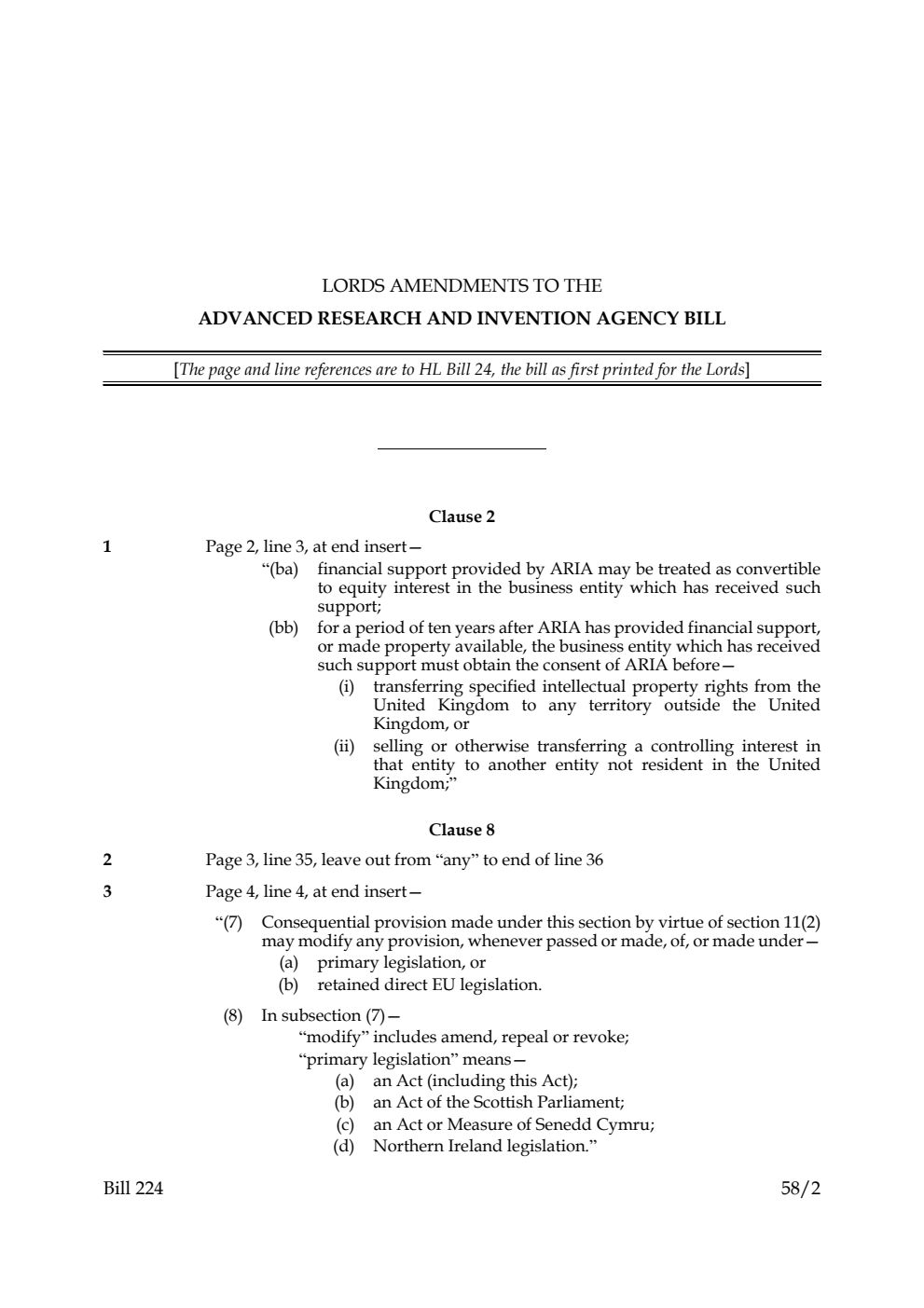 Lords Amendments to the Advanced Research and Invention Agency Bill