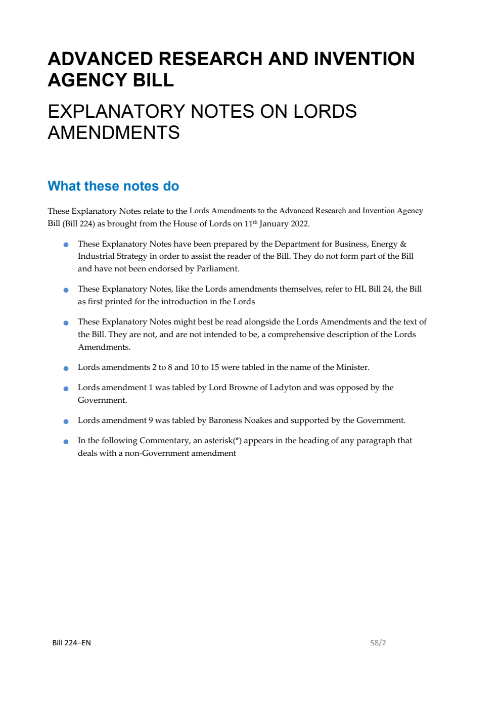 Advanced Research and Invention Agency Bill Explanatory Notes on Lords Amendments