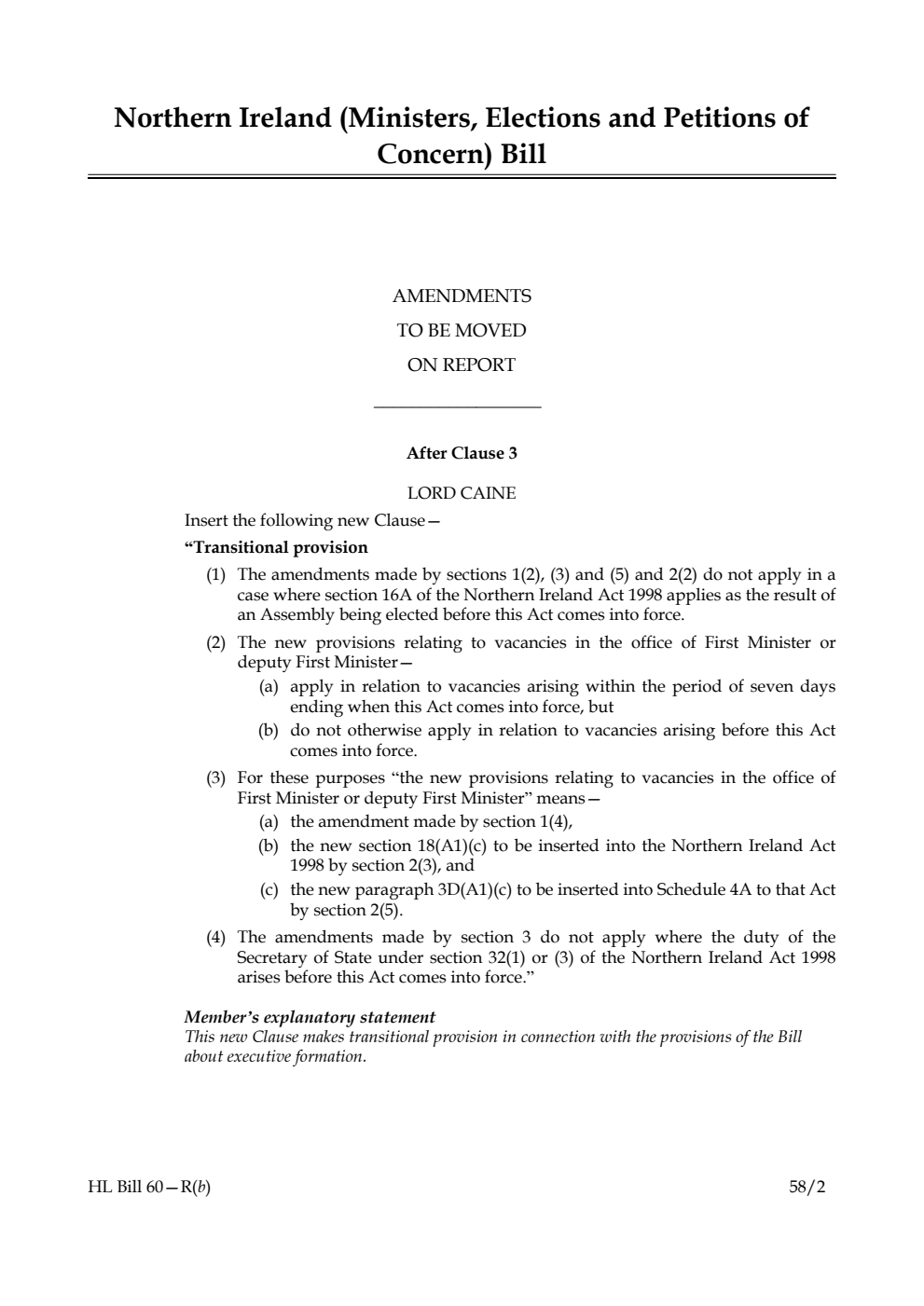 Northern Ireland (Ministers, Elections and Petitions of Concern) Bill Amendments to be moved on Report