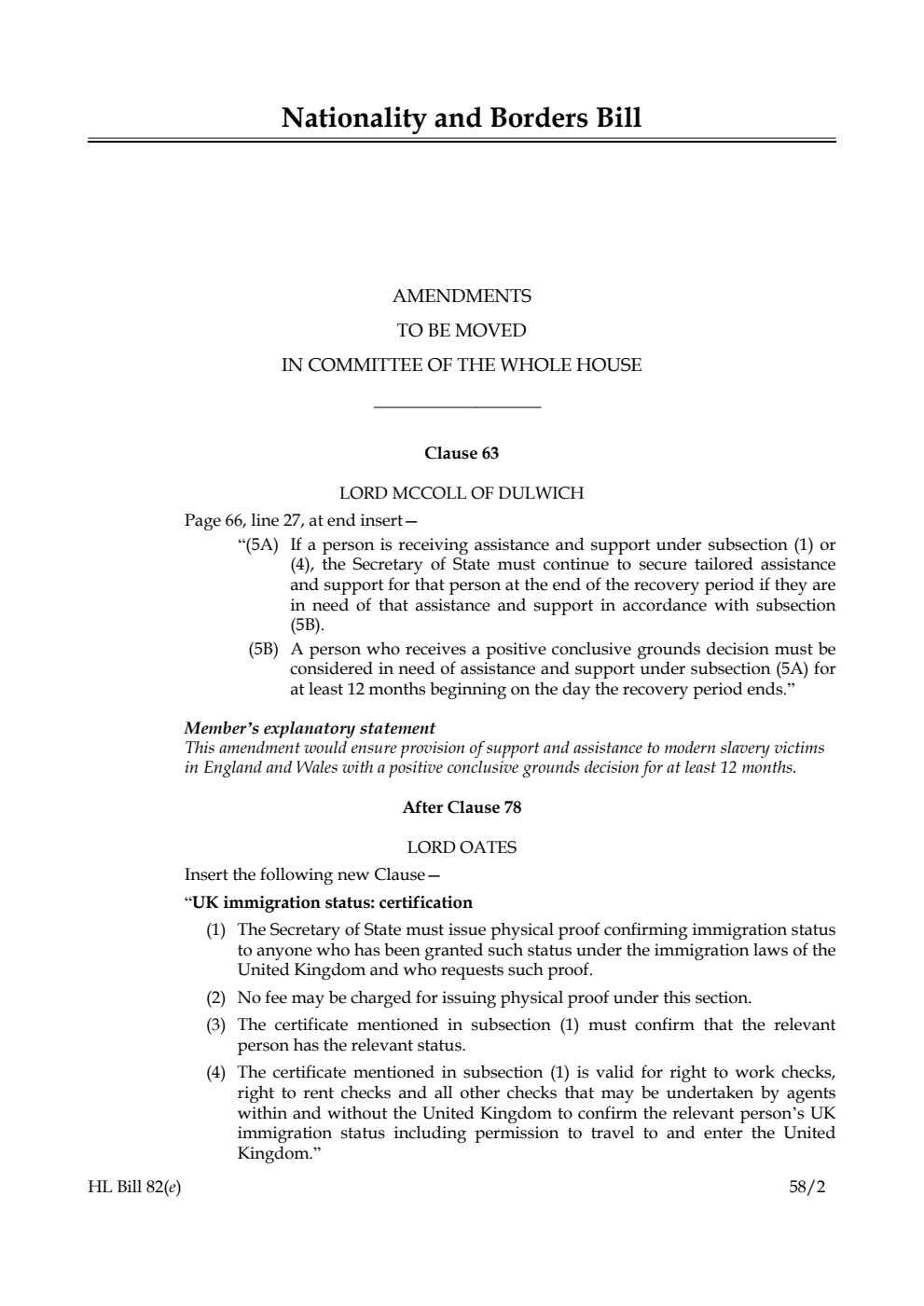 Nationality and Borders Bill Amendments to be moved in Committee of the Whole House