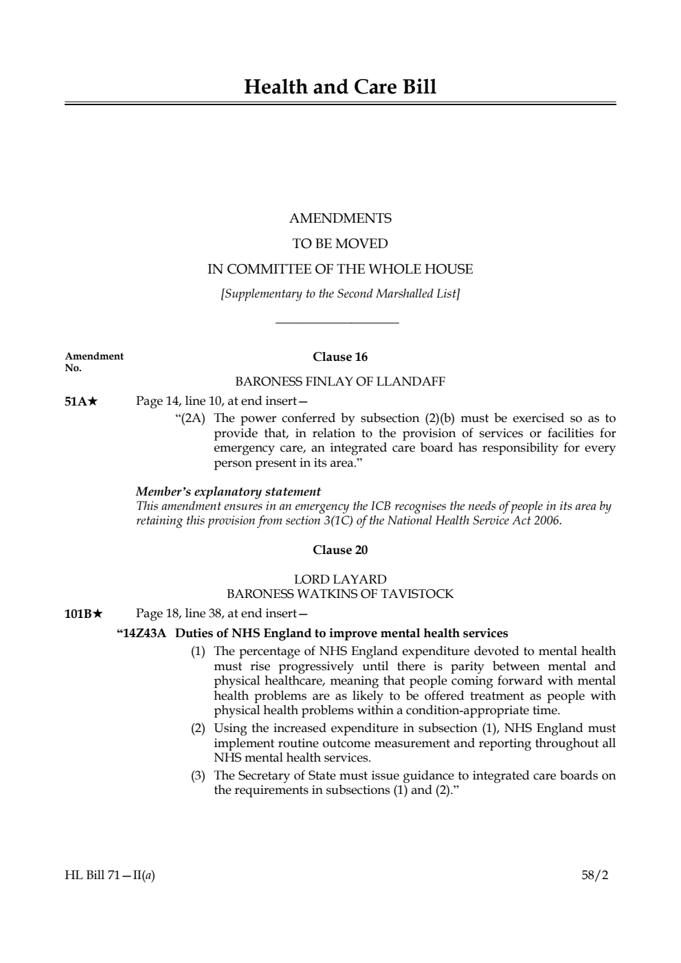 Health and Care Bill  Amendments to be moved in Committee of the Whole House [Supplementary to the Second Marshalled List]